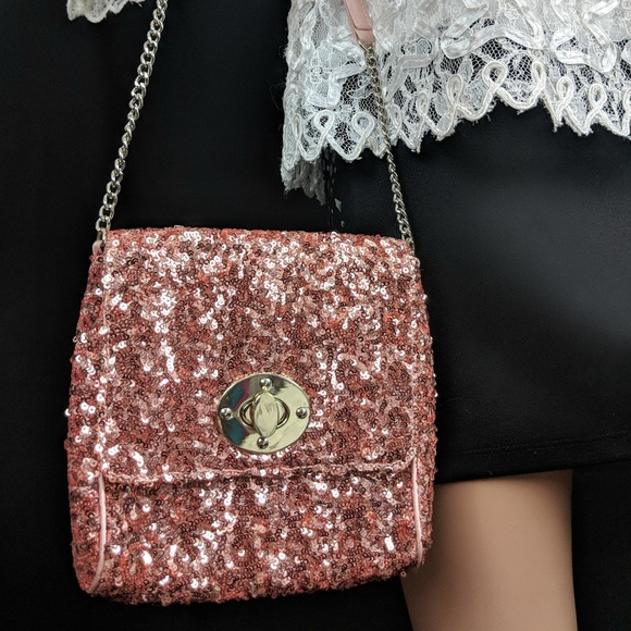 Rose Pink Sequin Evening Bag / Purse -  Chain - Picture 2 of 8